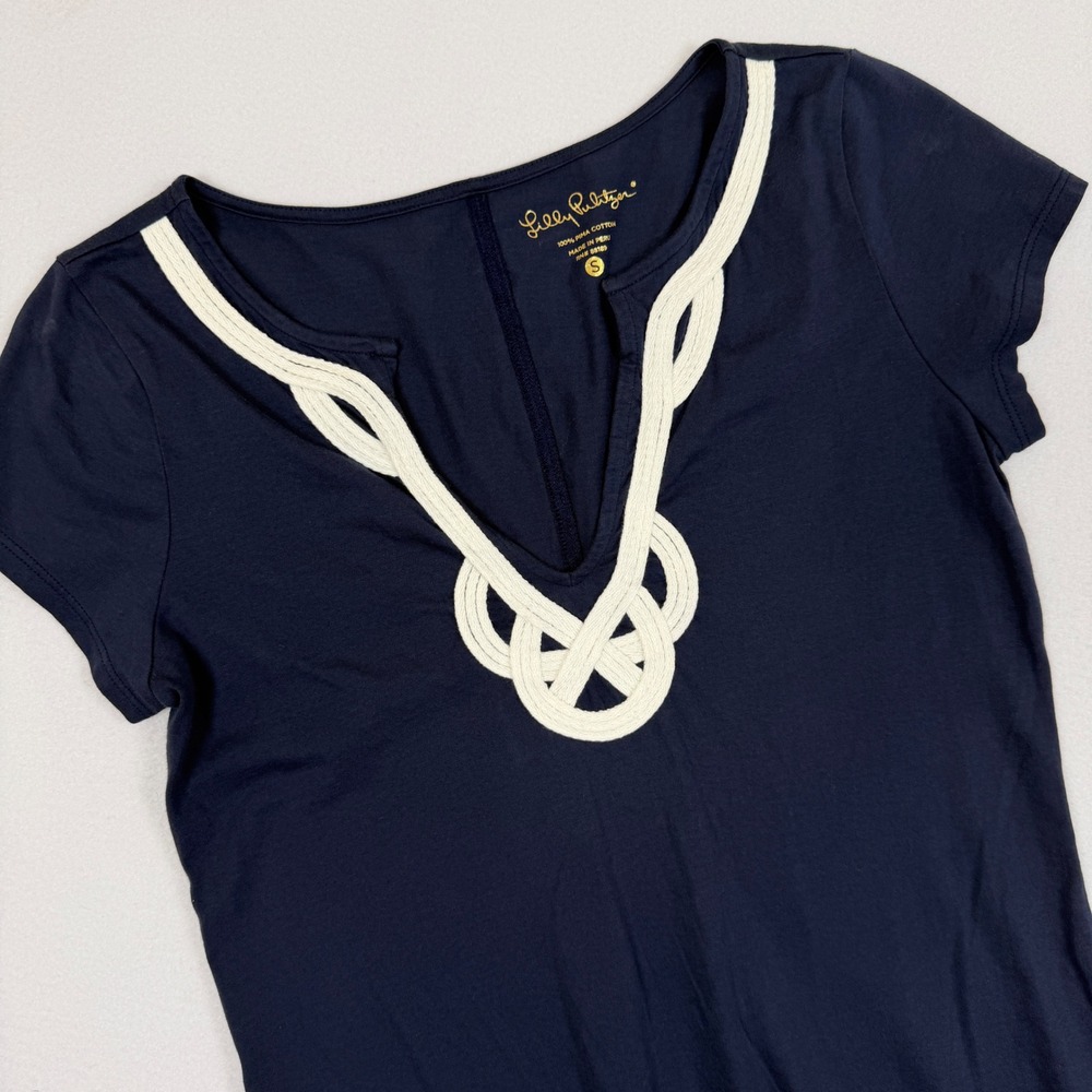 Lilly Pulitzer Navy Blue Pima Cotton Rope Trim V-Neck Shift Dress Small